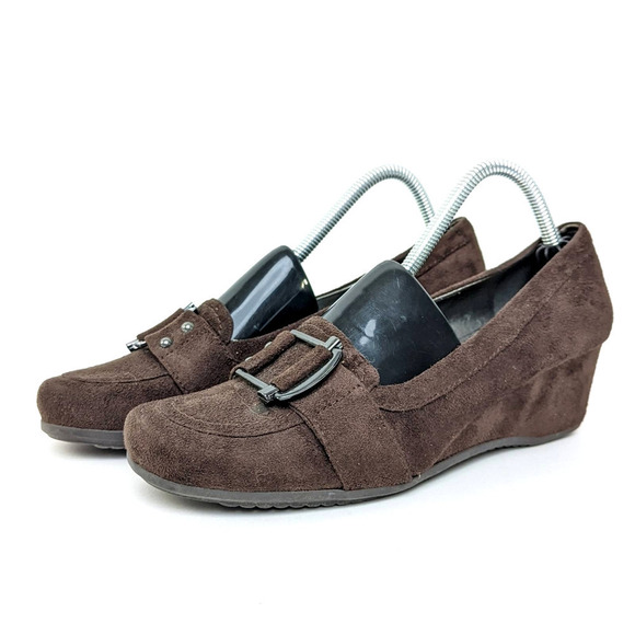Marc Fisher Shoes - Marc Fisher Brown Suede Leather Mary Jane Buckle Loafer Wedges - 10